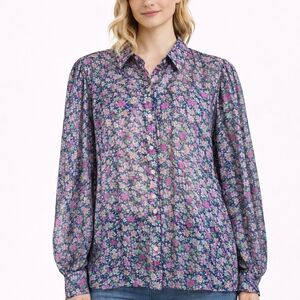 Northern Reflections Floral Button Front Blouse Puff Sleeves
